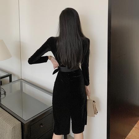 FA46849# 秋季修身性感蕾丝拼接西装领显瘦连衣裙配腰带 服裝批發女裝批發服飾貨源