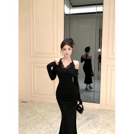 FA46853# 模特新款气质性感挂脖露肩收腰连衣裙 服裝批發女裝批發服飾貨源