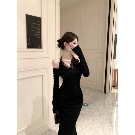 FA46853# 模特新款气质性感挂脖露肩收腰连衣裙 服裝批發女裝批發服飾貨源