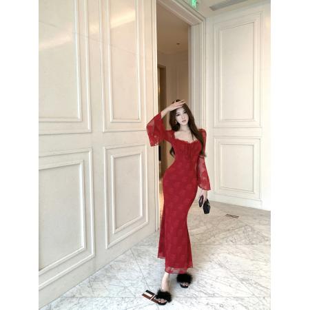 FA46854# 模特新款气质性感蕾丝方领喇叭袖包臀连衣裙 服裝批發女裝批發服飾貨源