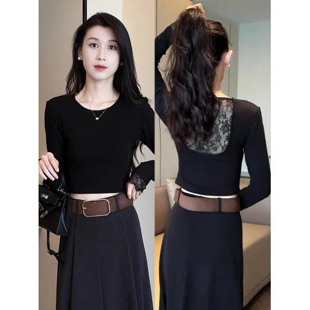 FA46860# 辣妹镂空长袖t恤女新款爆款春秋季蕾丝打底衫小个子修身上衣 服裝批發女裝批發服飾貨源