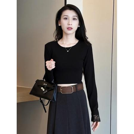 FA46860# 辣妹镂空长袖t恤女新款爆款春秋季蕾丝打底衫小个子修身上衣 服裝批發女裝批發服飾貨源