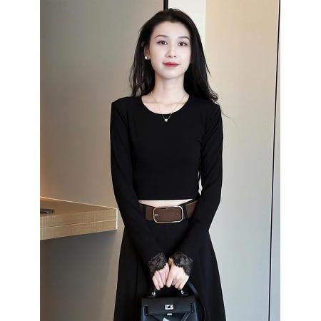 FA46860# 辣妹镂空长袖t恤女新款爆款春秋季蕾丝打底衫小个子修身上衣 服裝批發女裝批發服飾貨源