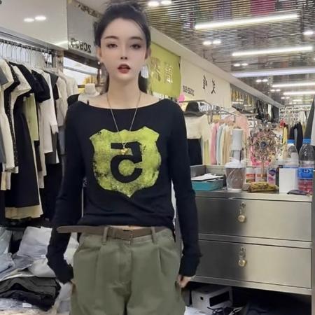 FA46862# 夏季新款一字领时髦字母印花长袖T恤女小众宽松显瘦两穿上衣 服裝批發女裝批發服飾貨源