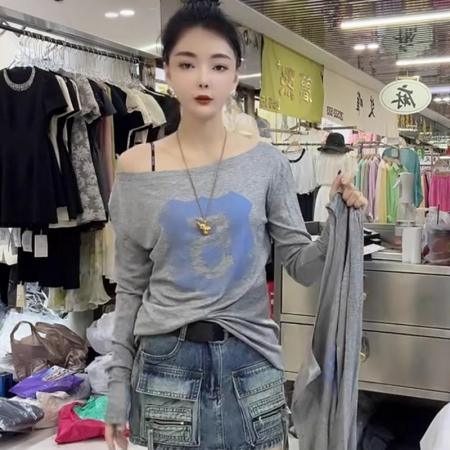 FA46862# 夏季新款一字领时髦字母印花长袖T恤女小众宽松显瘦两穿上衣 服裝批發女裝批發服飾貨源