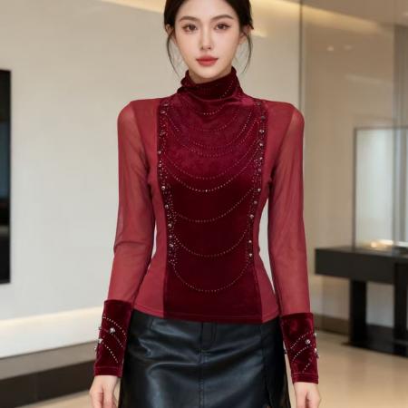 FA46865# 欧货春上新设计感别致半高领烫钻钉珠丝绒拼网纱长袖女上衣打底衫 服裝批發女裝批發服飾貨源
