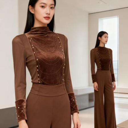 FA46865# 欧货春上新设计感别致半高领烫钻钉珠丝绒拼网纱长袖女上衣打底衫 服裝批發女裝批發服飾貨源