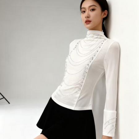 FA46865# 欧货春上新设计感别致半高领烫钻钉珠丝绒拼网纱长袖女上衣打底衫 服裝批發女裝批發服飾貨源