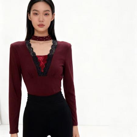 FA46866# 秋冬加厚保暖磨毛烫钻蕾丝V领围脖镶钻时尚打底小衫长袖女上衣 服裝批發女裝批發服飾貨源