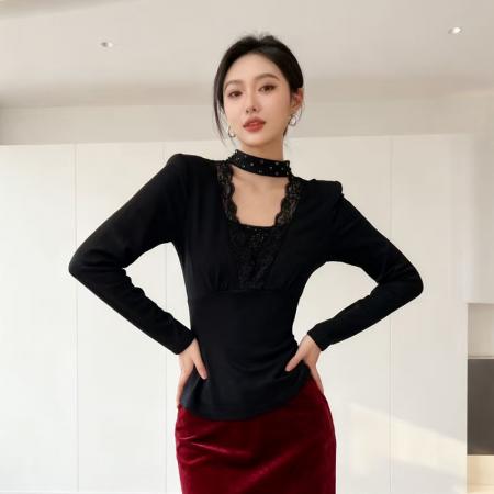 FA46866# 秋冬加厚保暖磨毛烫钻蕾丝V领围脖镶钻时尚打底小衫长袖女上衣 服裝批發女裝批發服飾貨源