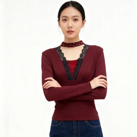 FA46866# 秋冬加厚保暖磨毛烫钻蕾丝V领围脖镶钻时尚打底小衫长袖女上衣 服裝批發女裝批發服飾貨源