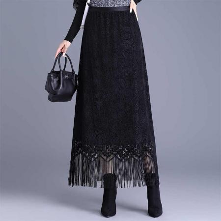 FA46867# 流苏蕾丝半身裙女长裙秋冬高腰显瘦气质优雅a字裙百搭裙子 服裝批發女裝批發服飾貨源
