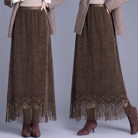 FA46867# 流苏蕾丝半身裙女长裙秋冬高腰显瘦气质优雅a字裙百搭裙子 服裝批發女裝批發服飾貨源