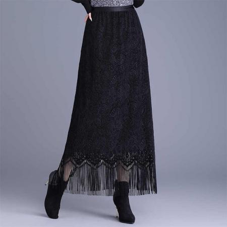 FA46867# 流苏蕾丝半身裙女长裙秋冬高腰显瘦气质优雅a字裙百搭裙子 服裝批發女裝批發服飾貨源