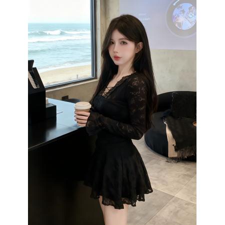 FA46868# 有货辣妹风气质V领蕾丝黑色连衣裙秋冬新款修身百搭a字短裙子 服裝批發女裝批發服飾貨源