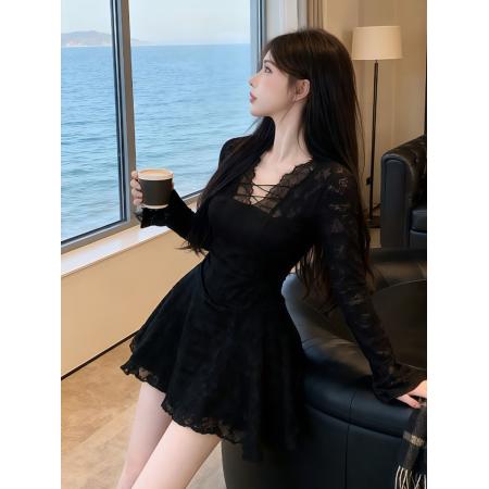 FA46868# 有货辣妹风气质V领蕾丝黑色连衣裙秋冬新款修身百搭a字短裙子 服裝批發女裝批發服飾貨源