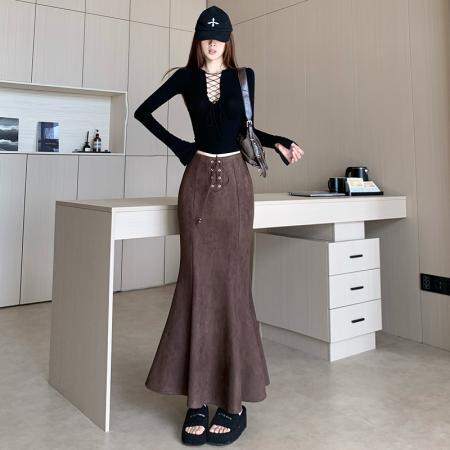 FA46869# 冬季新款加绒棕色麂皮绒系带设计高腰显瘦百搭鱼尾裙a字裙中长裙 服裝批發女裝批發服飾貨源