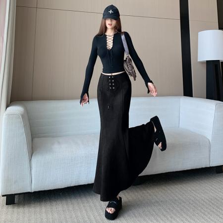 FA46869# 冬季新款加绒棕色麂皮绒系带设计高腰显瘦百搭鱼尾裙a字裙中长裙 服裝批發女裝批發服飾貨源