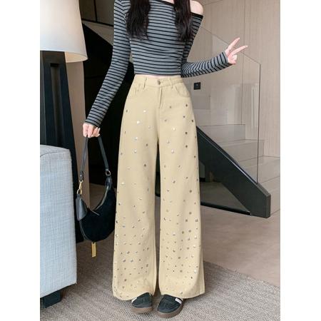 FA46870# 设计感水钻牛仔裤女高腰显瘦直筒裤子宽松阔腿拖地长裤 服裝批發女裝批發服飾貨源