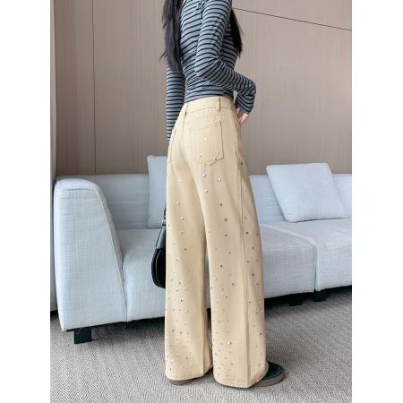 FA46870# 设计感水钻牛仔裤女高腰显瘦直筒裤子宽松阔腿拖地长裤 服裝批發女裝批發服飾貨源