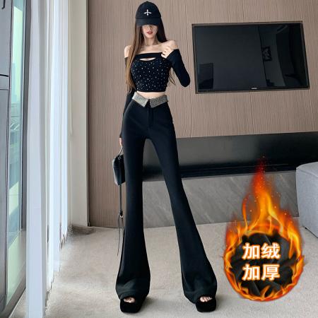 FA46871# 黑色烫钻加绒微喇休闲裤女秋冬设计翻边高腰裤修身垂感拖地喇叭裤 服裝批發女裝批發服飾貨源