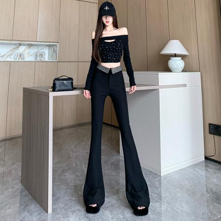 FA46871# 黑色烫钻加绒微喇休闲裤女秋冬设计翻边高腰裤修身垂感拖地喇叭裤 服裝批發女裝批發服飾貨源