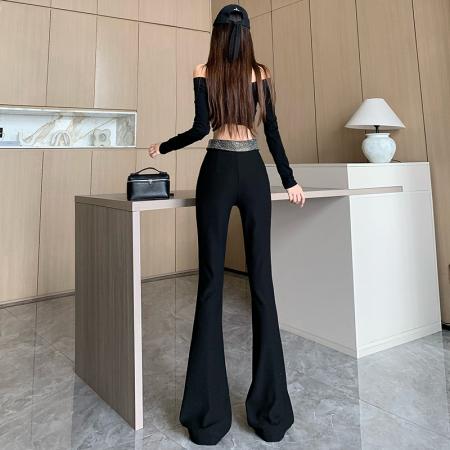 FA46871# 黑色烫钻加绒微喇休闲裤女秋冬设计翻边高腰裤修身垂感拖地喇叭裤 服裝批發女裝批發服飾貨源