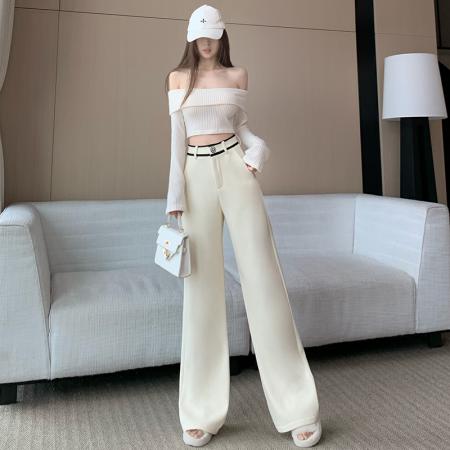 FA46872# 高级感羊绒阔腿裤女秋冬新款织带拼接设计高腰显瘦垂感长裤 服裝批發女裝批發服飾貨源