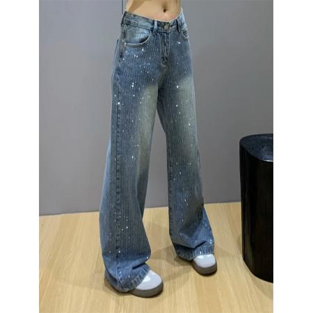 FA46873# 大码复古纸片人烫钻爆闪牛仔裤冬季宽松气质高街直筒高腰长裤 服裝批發女裝批發服飾貨源