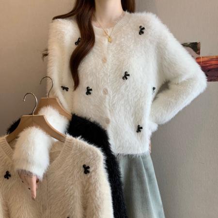 FA46875# 大码胖MM秋冬新款圆领蝴蝶水貂绒短款长袖开衫上衣毛衣 服裝批發女裝批發服飾貨源