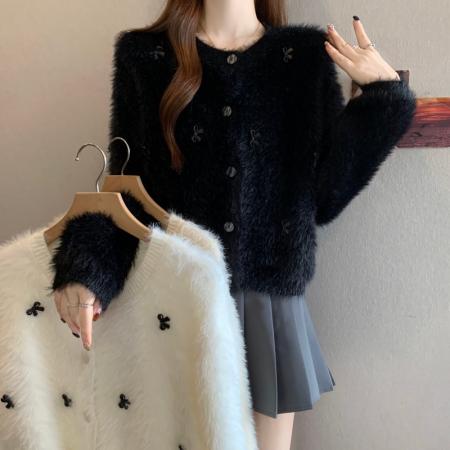 FA46875# 大码胖MM秋冬新款圆领蝴蝶水貂绒短款长袖开衫上衣毛衣 服裝批發女裝批發服飾貨源