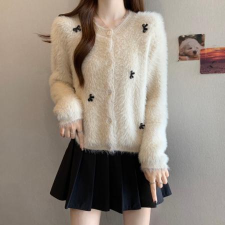 FA46875# 大码胖MM秋冬新款圆领蝴蝶水貂绒短款长袖开衫上衣毛衣 服裝批發女裝批發服飾貨源