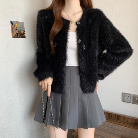 FA46875# 大码胖MM秋冬新款圆领蝴蝶水貂绒短款长袖开衫上衣毛衣 服裝批發女裝批發服飾貨源