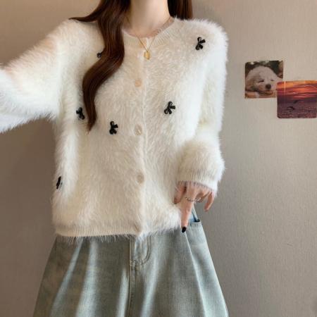 FA46875# 大码胖MM秋冬新款圆领蝴蝶水貂绒短款长袖开衫上衣毛衣 服裝批發女裝批發服飾貨源