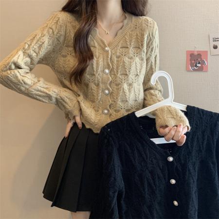 FA46876# 秋季新款大码胖MM波浪边针织长袖毛衣开衫 服裝批發女裝批發服飾貨源