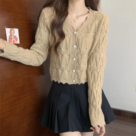 FA46876# 秋季新款大码胖MM波浪边针织长袖毛衣开衫 服裝批發女裝批發服飾貨源