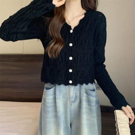 FA46876# 秋季新款大码胖MM波浪边针织长袖毛衣开衫 服裝批發女裝批發服飾貨源