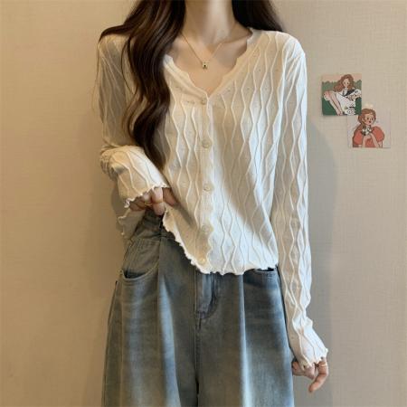 FA46877# 秋季新款大码胖MM波浪卷边针织长袖毛衣开衫包芯纱 服裝批發女裝批發服飾貨源