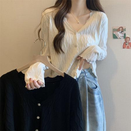 FA46877# 秋季新款大码胖MM波浪卷边针织长袖毛衣开衫包芯纱 服裝批發女裝批發服飾貨源