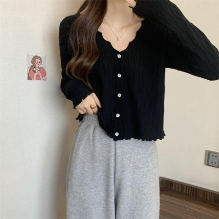 FA46877# 秋季新款大码胖MM波浪卷边针织长袖毛衣开衫包芯纱 服裝批發女裝批發服飾貨源