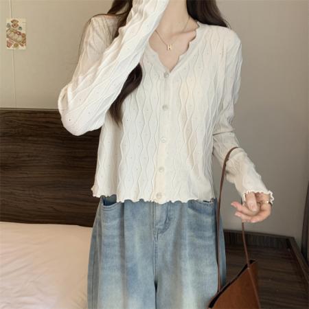 FA46877# 秋季新款大码胖MM波浪卷边针织长袖毛衣开衫包芯纱 服裝批發女裝批發服飾貨源