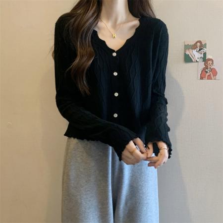 FA46877# 秋季新款大码胖MM波浪卷边针织长袖毛衣开衫包芯纱 服裝批發女裝批發服飾貨源