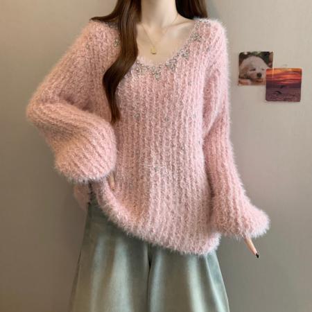 FA46878# 大码胖MM秋冬新款重工钉钻欧货正肩长袖套头上衣毛衣 服裝批發女裝批發服飾貨源