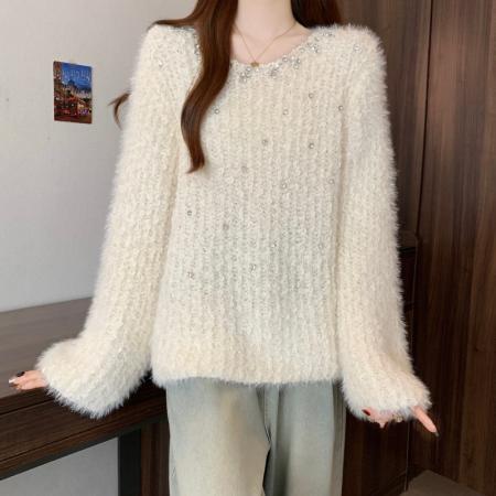 FA46878# 大码胖MM秋冬新款重工钉钻欧货正肩长袖套头上衣毛衣 服裝批發女裝批發服飾貨源