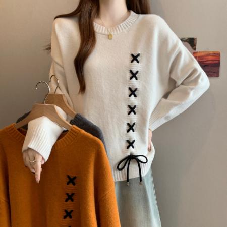 FA46879# 大码胖MM秋冬新款圆领落肩袖交叉系绳长袖套头上衣毛衣 服裝批發女裝批發服飾貨源