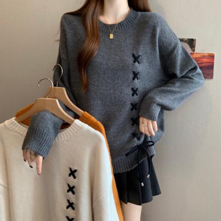 FA46879# 大码胖MM秋冬新款圆领落肩袖交叉系绳长袖套头上衣毛衣 服裝批發女裝批發服飾貨源