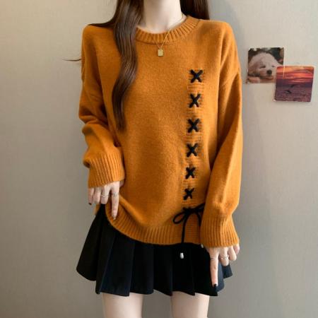 FA46879# 大码胖MM秋冬新款圆领落肩袖交叉系绳长袖套头上衣毛衣 服裝批發女裝批發服飾貨源