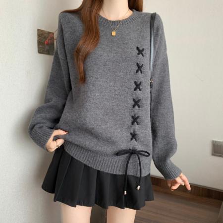 FA46879# 大码胖MM秋冬新款圆领落肩袖交叉系绳长袖套头上衣毛衣 服裝批發女裝批發服飾貨源