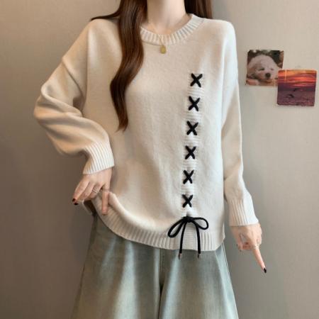 FA46879# 大码胖MM秋冬新款圆领落肩袖交叉系绳长袖套头上衣毛衣 服裝批發女裝批發服飾貨源