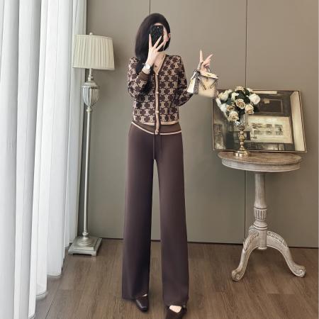 FA46880# 欧洲站高级感休闲时尚显瘦职业香风针织开衫女阔腿裤时髦两件套装 服裝批發女裝批發服飾貨源